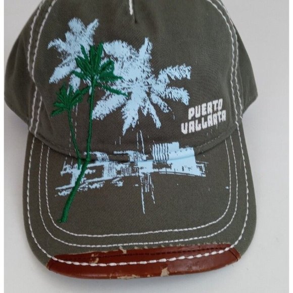 Puerto Vallerta Embroidered With Distressed Leather On Bill Adj. Baseball Cap - Picture 2 of 7